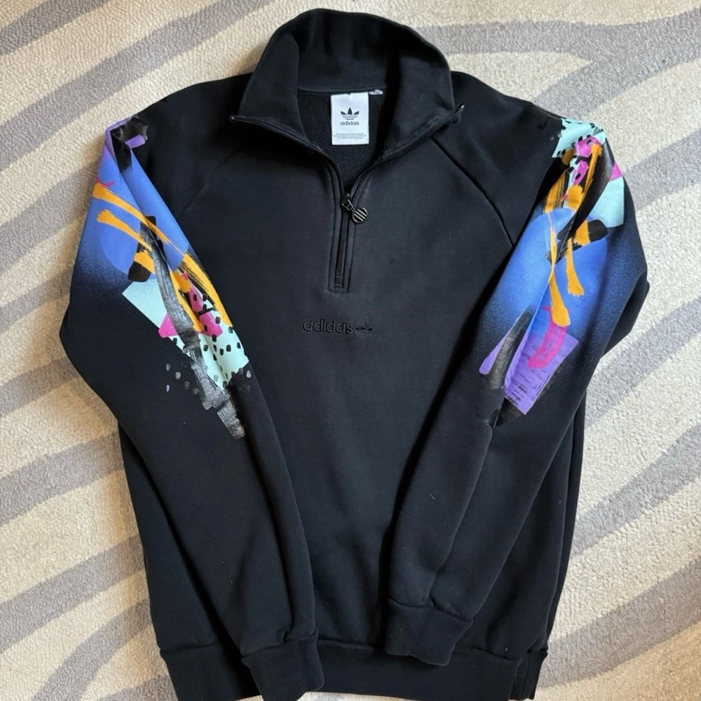 Adidas Men's Black Half Zip-Up Sweatshirt with Vibrant Colored Sleeves. Size: S